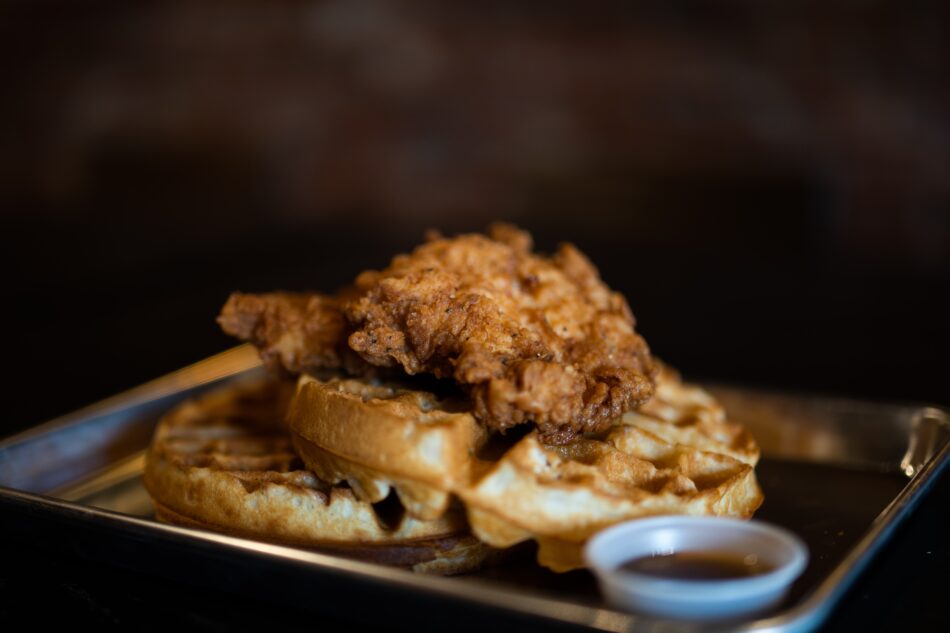 waffle with fried chicken on top